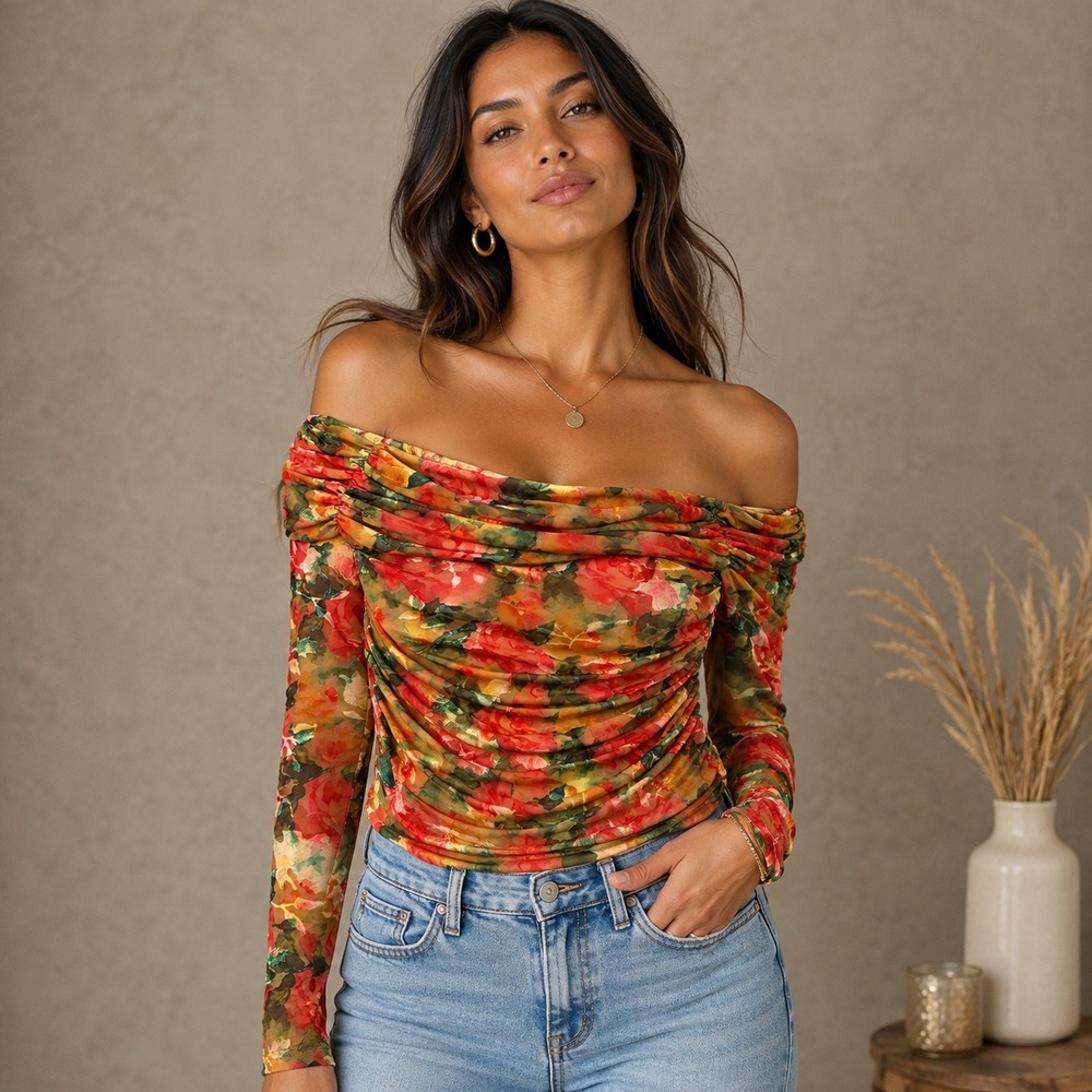 L 121 FORE Floral Off Shoulder Ruched Draped Long Sleeve Top Romantic Date Night